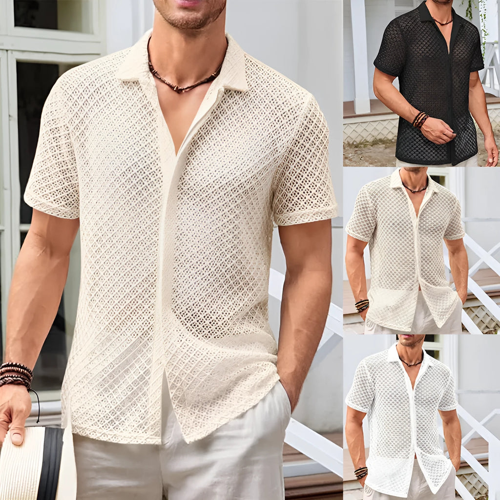 Men's short sleeve lapel shirt in cotton blend fabric available in beige, black, white