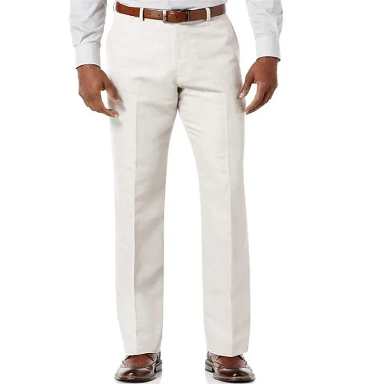Men's beige white linen-cotton trousers with slant pockets laid flat.