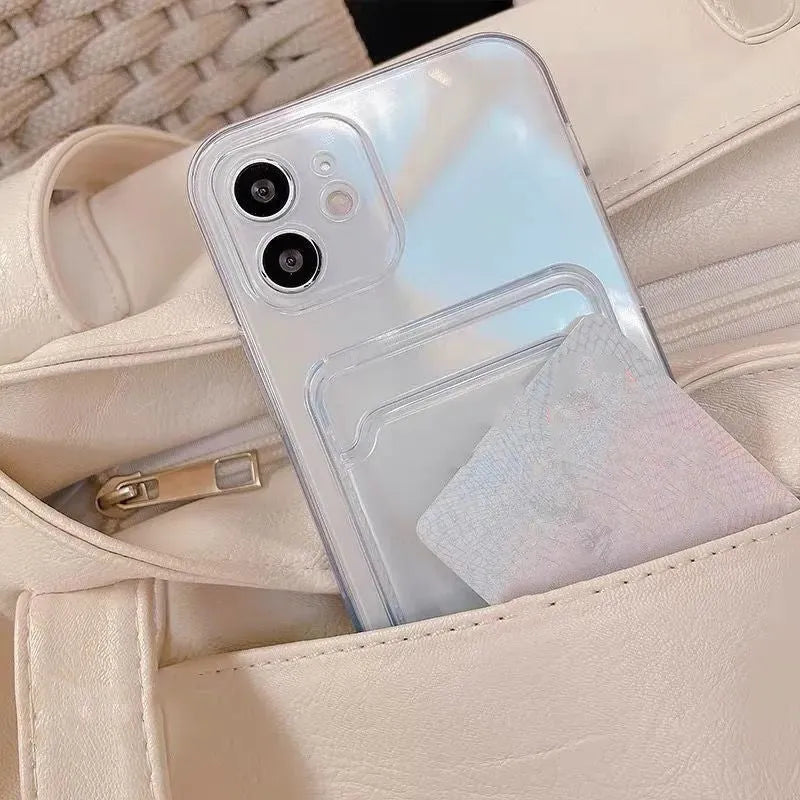 Clear transparent phone case for Apple iPhone with a built-in card wallet pocket on the back.