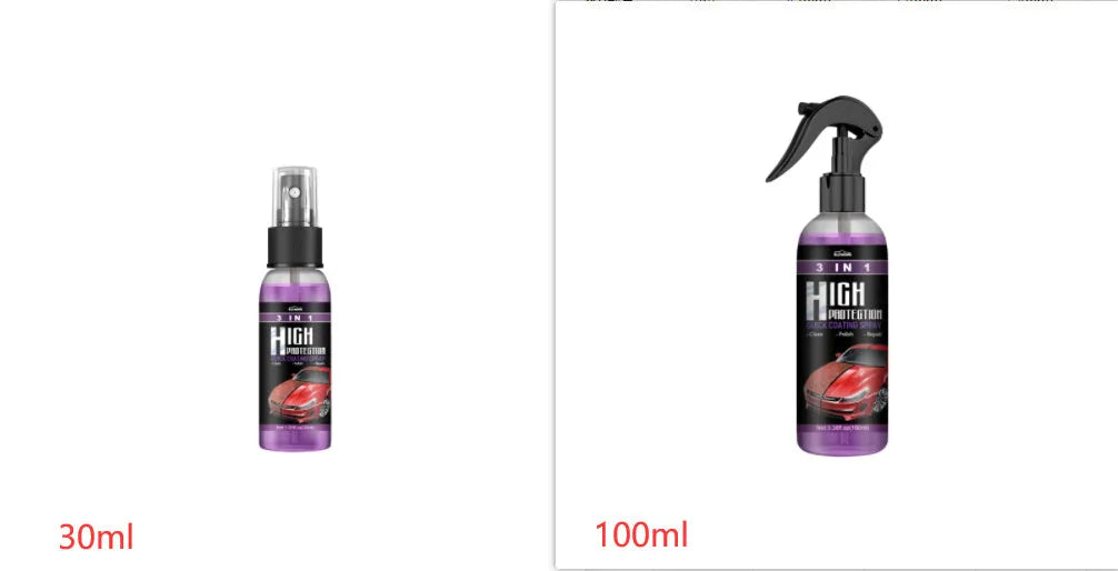 3-in-1 high protection car paint spray coating agent in 30ml and 100ml PE bottles with clear spray nozzle