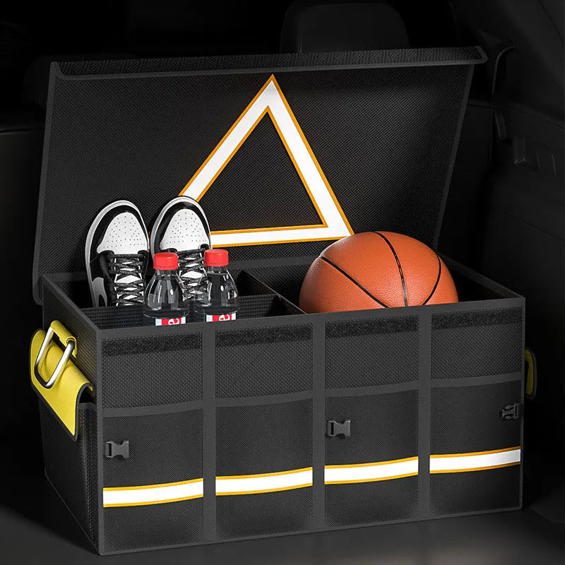 Black and yellow foldable fabric car boot storage organiser bag with a handle.