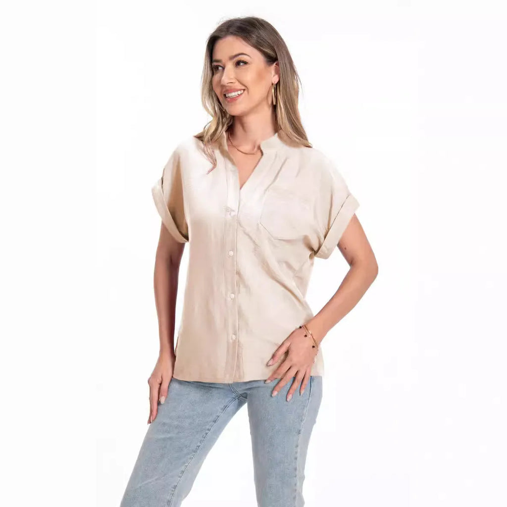 Women's stand collar button summer top in loose fit with short raglan sleeves