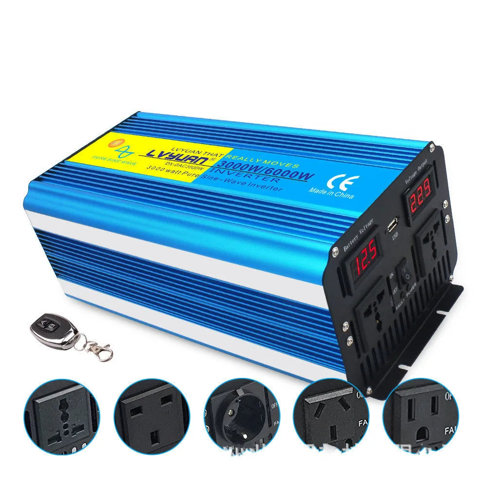 Blue 3000W pure sine wave power inverter with digital displays and UK socket