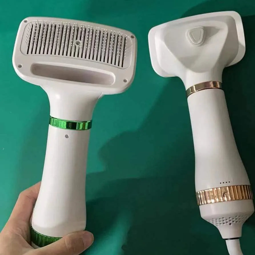 Second generation pet hair dryer with integrated comb in platinum or white/green colour options