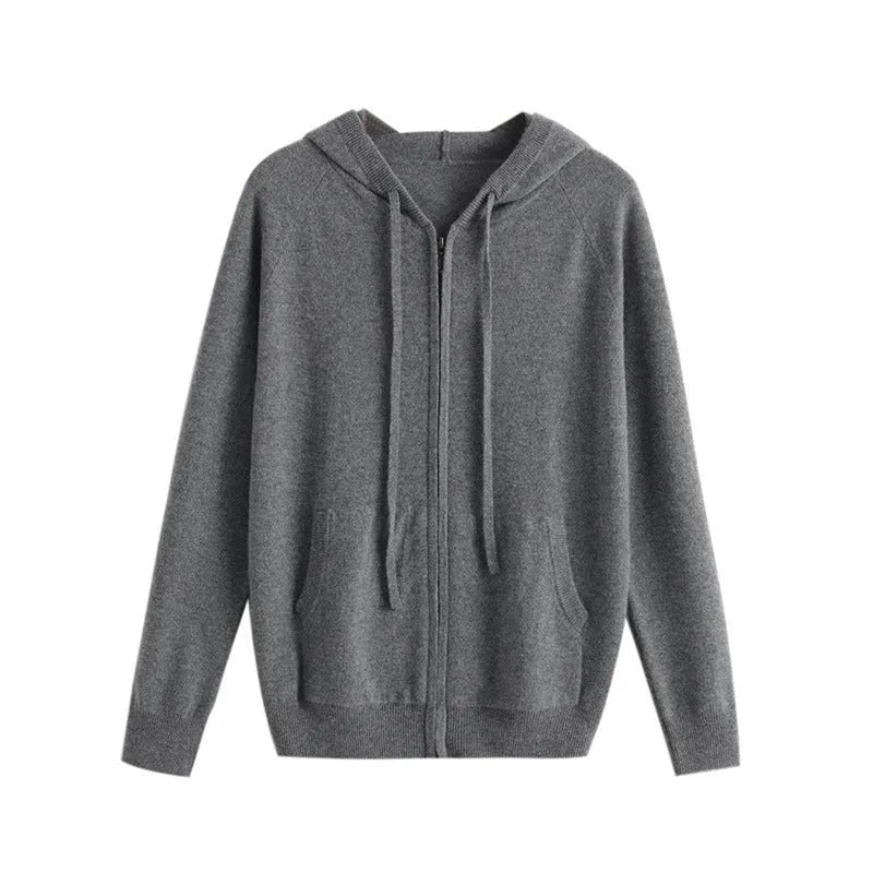 Men's grey hooded cashmere cardigan with full zip front and long sleeves