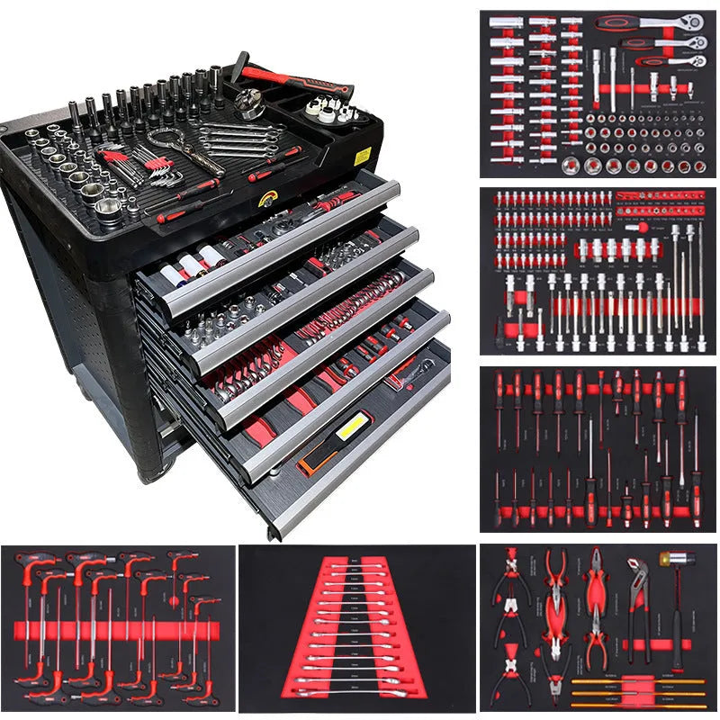 252-piece carbon steel repair tool kit in pumping removable cabinet for machine and auto repair