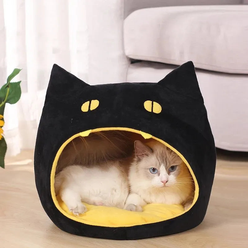 Soft plush covered cat-shaped pet bed with anti-slip bottom in multiple colour options