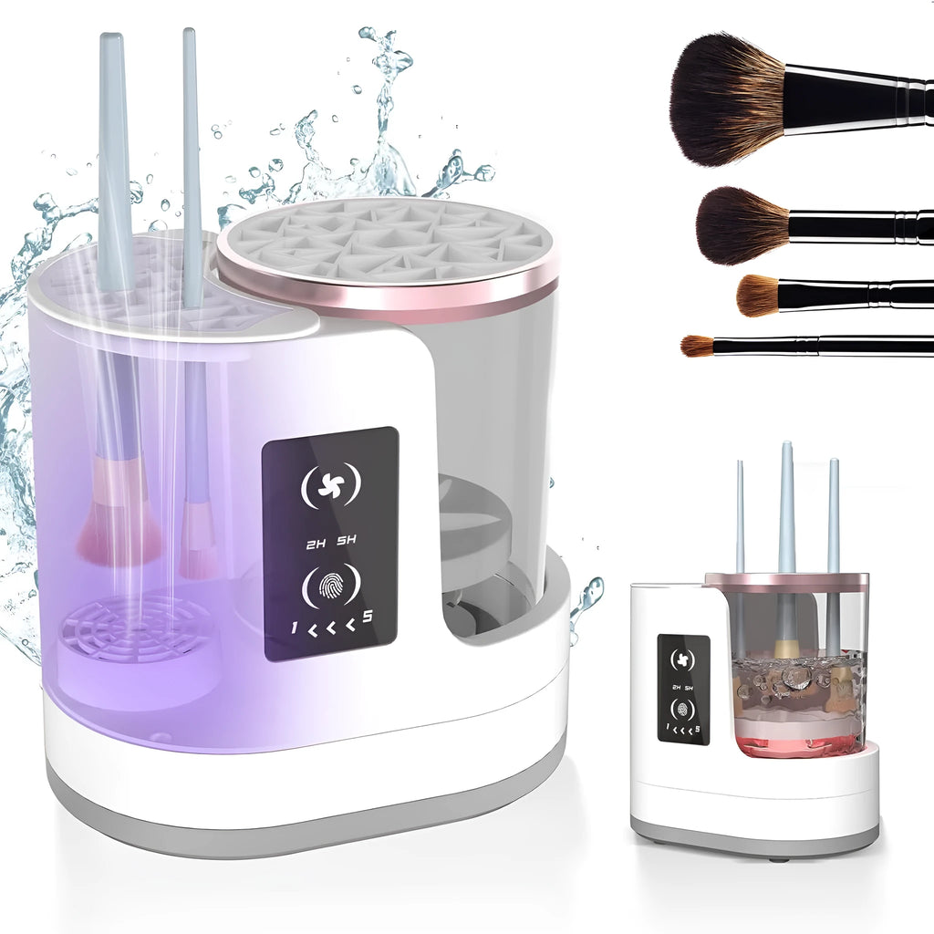 Electric makeup brush cleaner with drying chamber showing brushes inside cleaning device