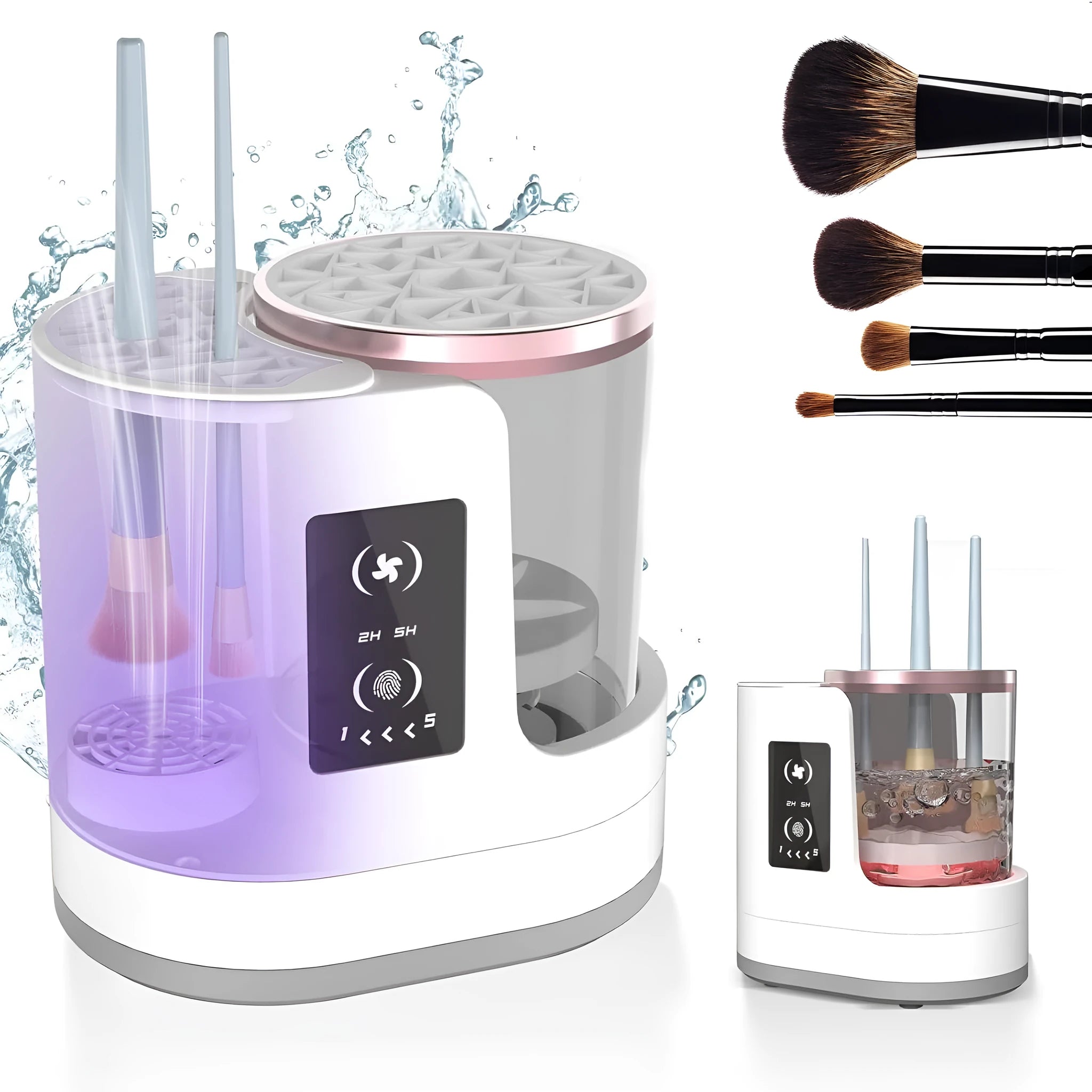 Electric makeup brush cleaner with drying chamber showing brushes inside cleaning device