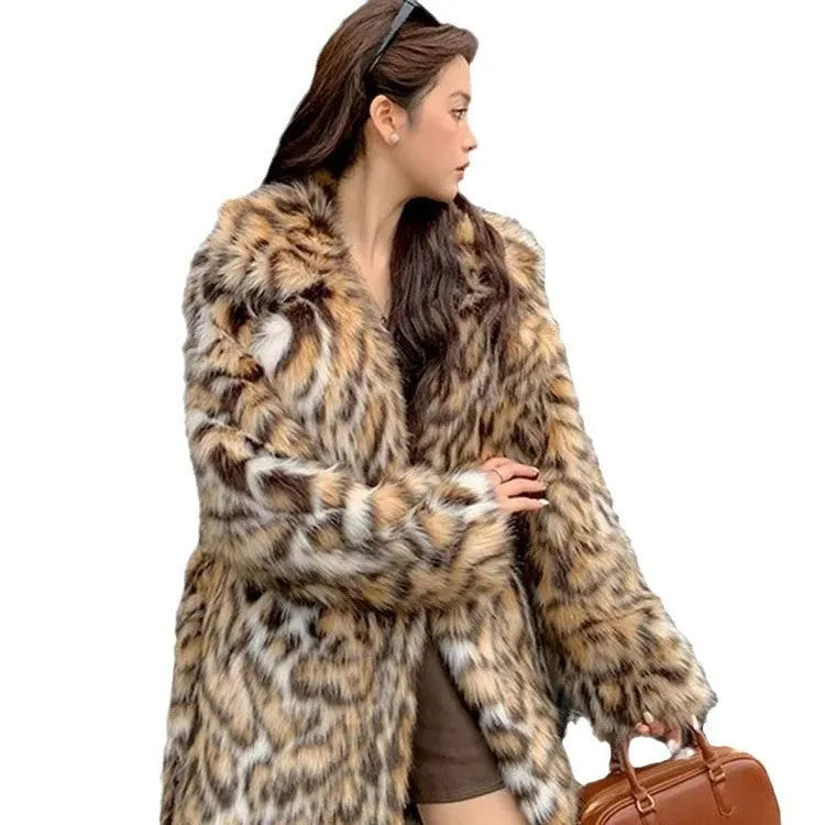 A long faux fur coat in street fashion style with a fur collar and pockets.