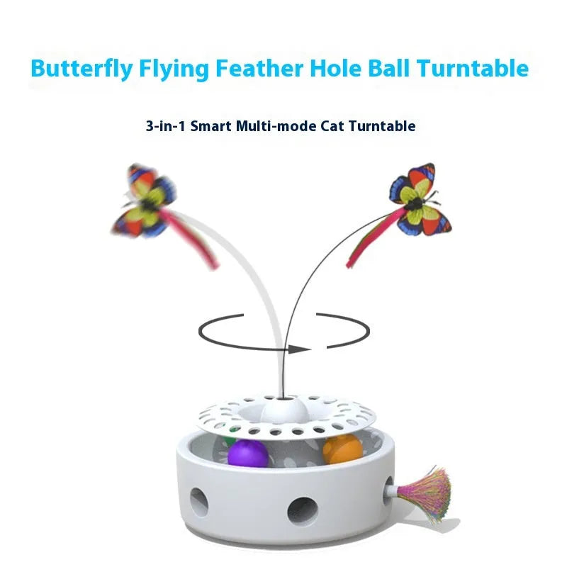 Pink and white ABS PP electric three-in-one cat toy with turntable, butterfly feather, and excavator movement
