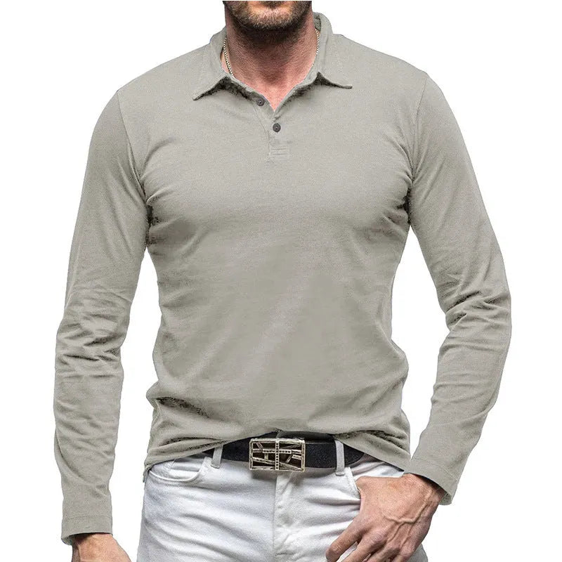 Men's dark grey cotton polo collar long sleeve t-shirt laid flat, showing American retro style.