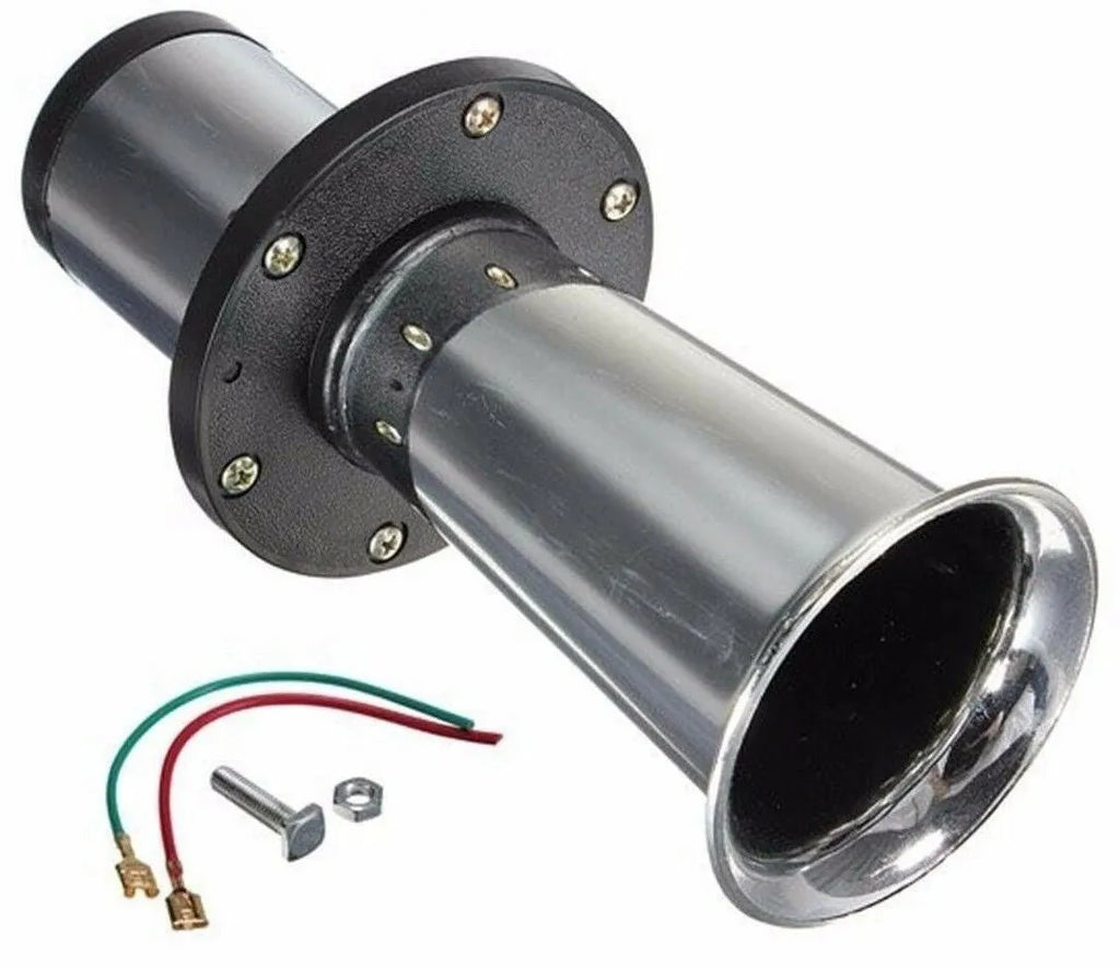 Black automotive horn with silver finish for 12V vehicle installation