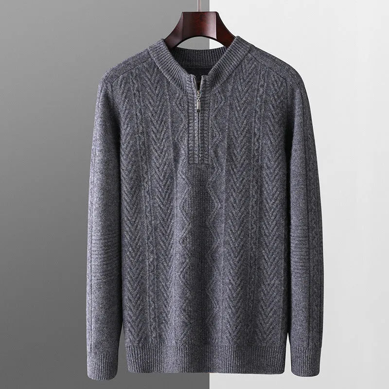 Men's diamond lattice patterned pure wool half-zip sweater in camel colour