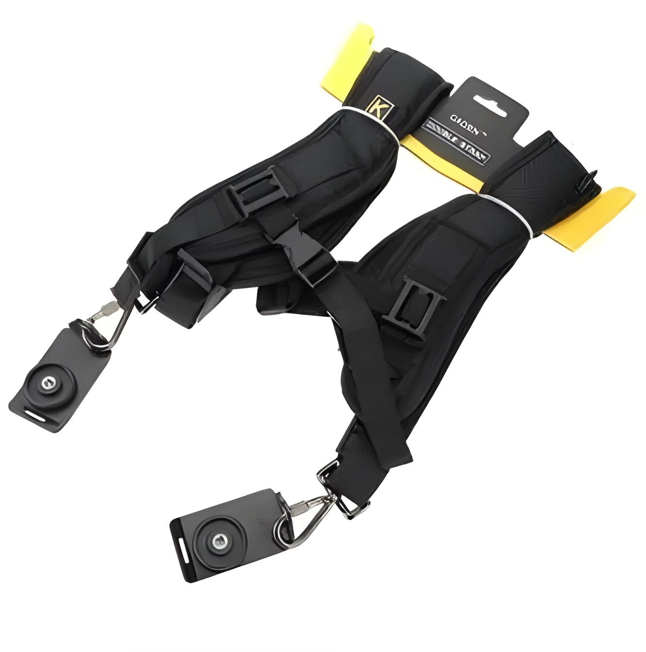 Black dual camera harness strap for two SLR cameras with shoulder padding