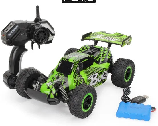 Blue and yellow 1:18 scale RC drift car with 2.4G remote control on charging cable