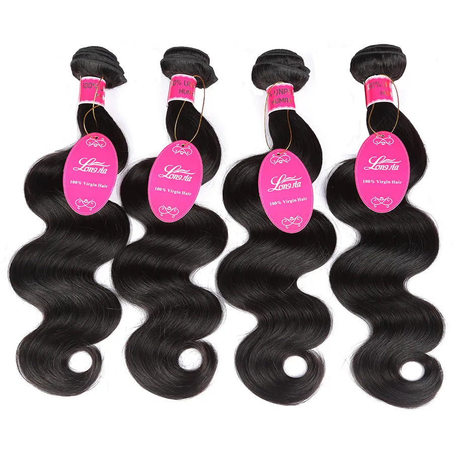 Real human hair wig weave in black with long bangs, 8 to 26 inch lengths, for women