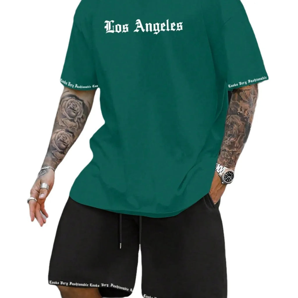 Men's blue printed short-sleeved top and matching shorts, a sports style co-ord set in quick-dry fabric.