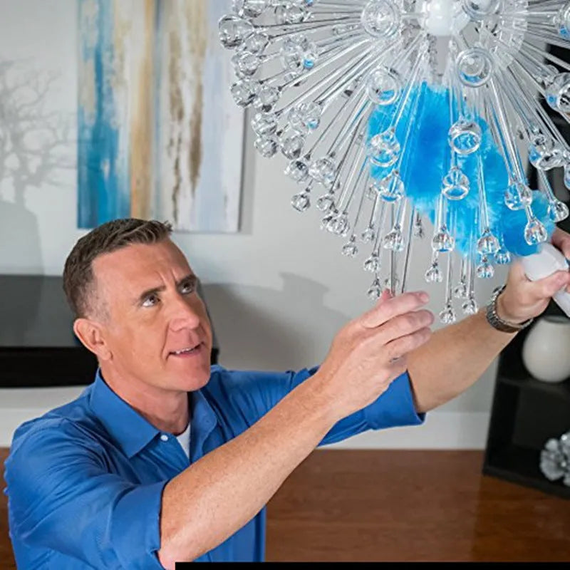 Blue electric dust cleaner with electrostatic bristles, 2 duster heads, for ceiling fans and blinds