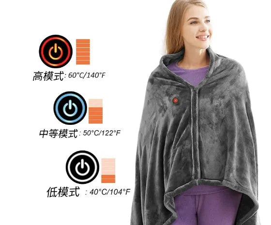 Dark grey USB electric heated plush blanket laid flat, showing controller with single button.