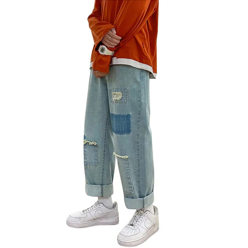 Men's high street ripped jeans loose straight leg micro stretch denim black blue sizes M to 3XL