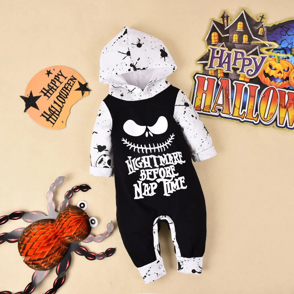 A black or brown hooded Halloween romper costume with long sleeves for a baby or toddler.