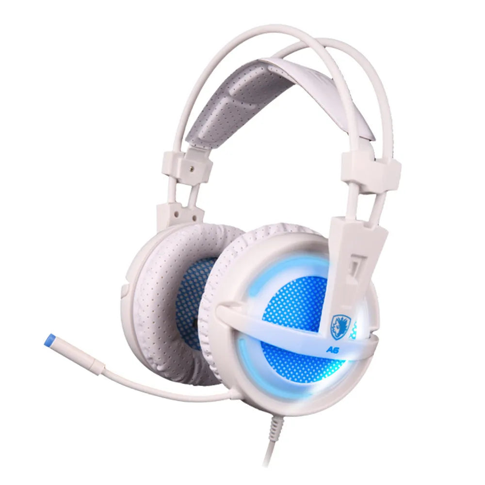 Black and white USB gaming headset with LED lights on ear cups and padded headband.