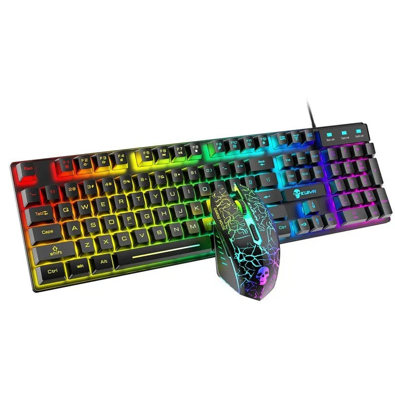 Kuiying T6RGB white RGB keyboard and mouse set with rainbow lighting, three DPI mouse, and included mouse pad on desk