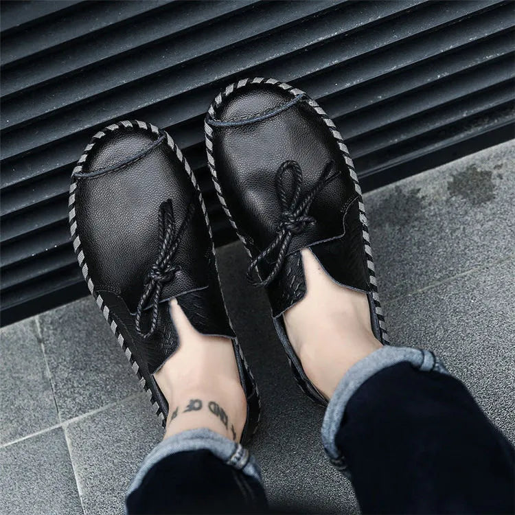 British style genuine leather slip on loafers for men in black colour with plus sizes 38 to 49