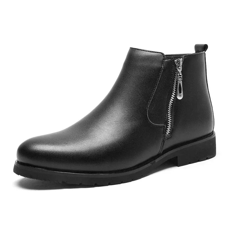 Men's black leather formal shoes with rubber outsole and plush lining, big sizes available