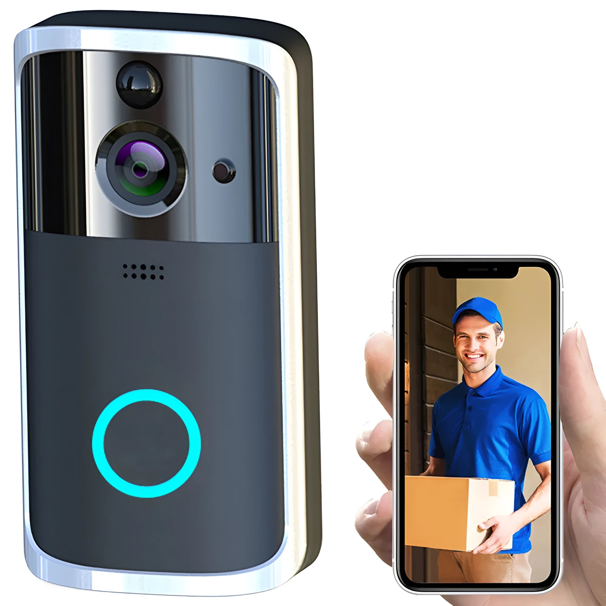 WiFi video doorbell camera in black with two-way intercom and night vision, compact PCB body 7.5x3.3x14.4cm