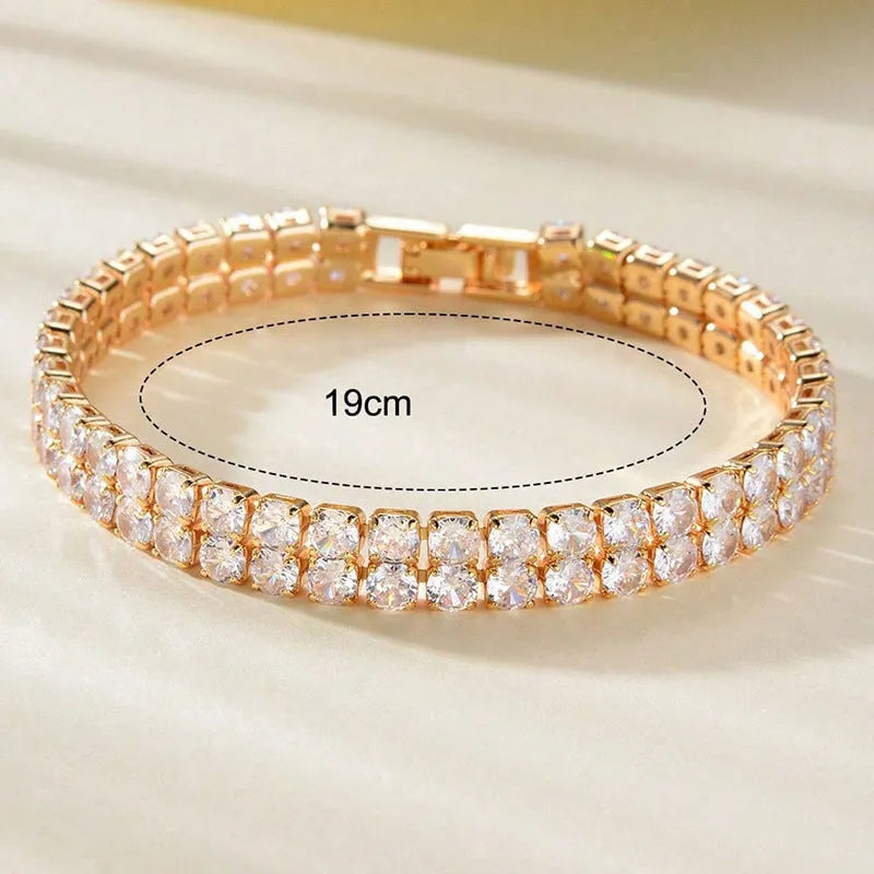 Unisex full diamond zirconia double-row tennis chain bracelet in gold copper electroplate, 7 inches