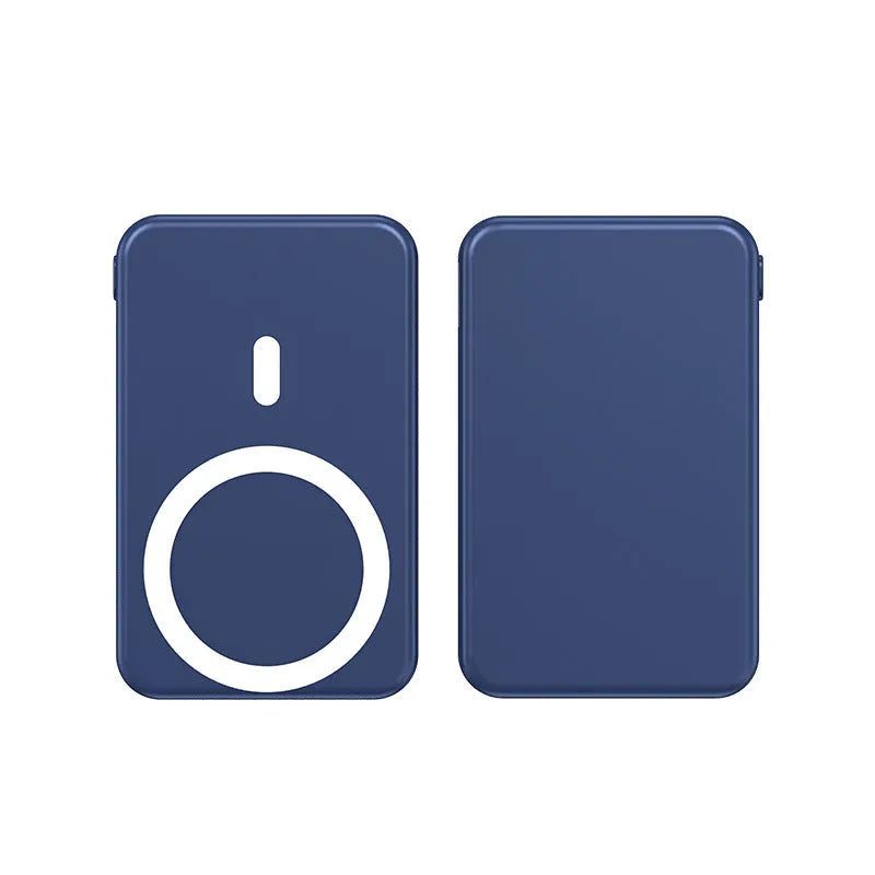 Small portable power bank with magnetic wireless charging for iPhone in black, blue or white colours