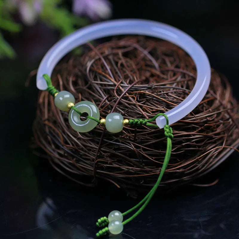 Hand-woven half bracelet with Hetian jade beads and peace buckle clasp in white agate colour