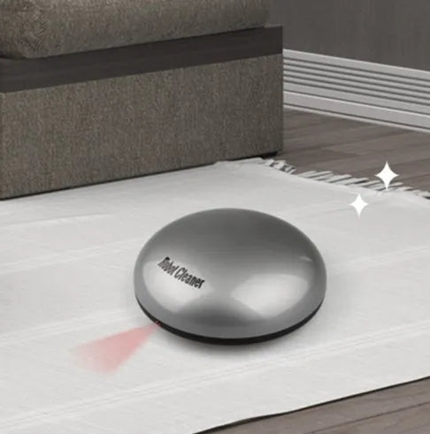Silver mini robotic vacuum cleaner with compact dimensions for automated floor cleaning