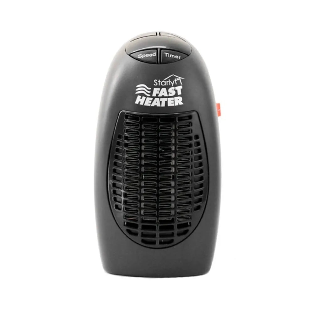 Black portable mini ceramic electric heater with digital display and a rotating plug on a white background.