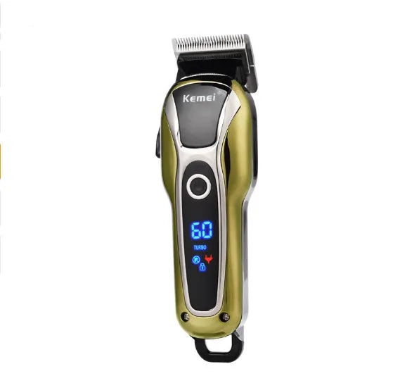 Professional rechargeable hair clipper with lithium battery, 4 guide combs, and UK adapter option on white background