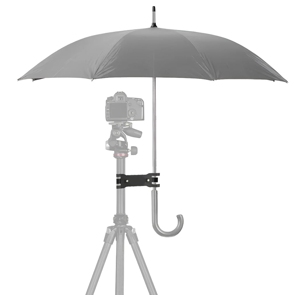 Black ABS umbrella clip attached to camera tripod shaft with umbrella in mounting position