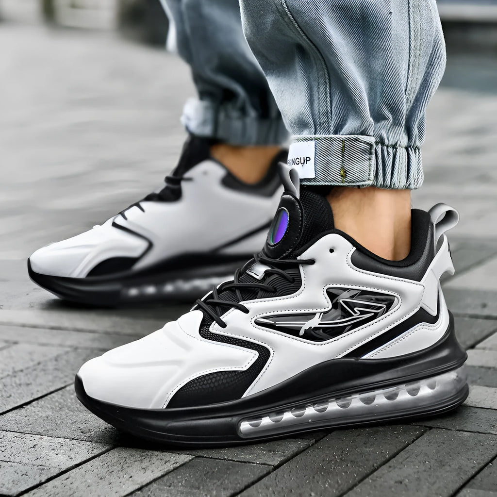 Men's colour-matching lace-up air cushion sneakers in white with thick sole and microfiber upper