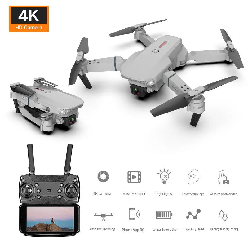 Grey foldable 4K dual camera aerial drone with remote controller and accessories