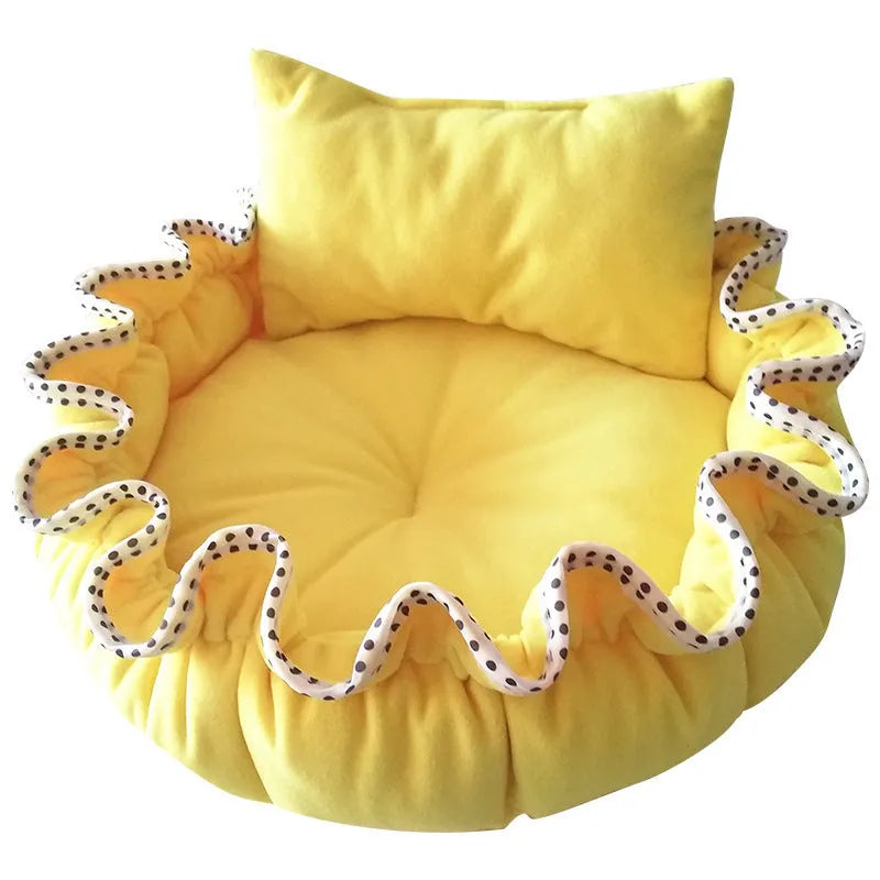 Yellow polar fleece bud-shaped small dog bed with pillow for pets under 10 kg