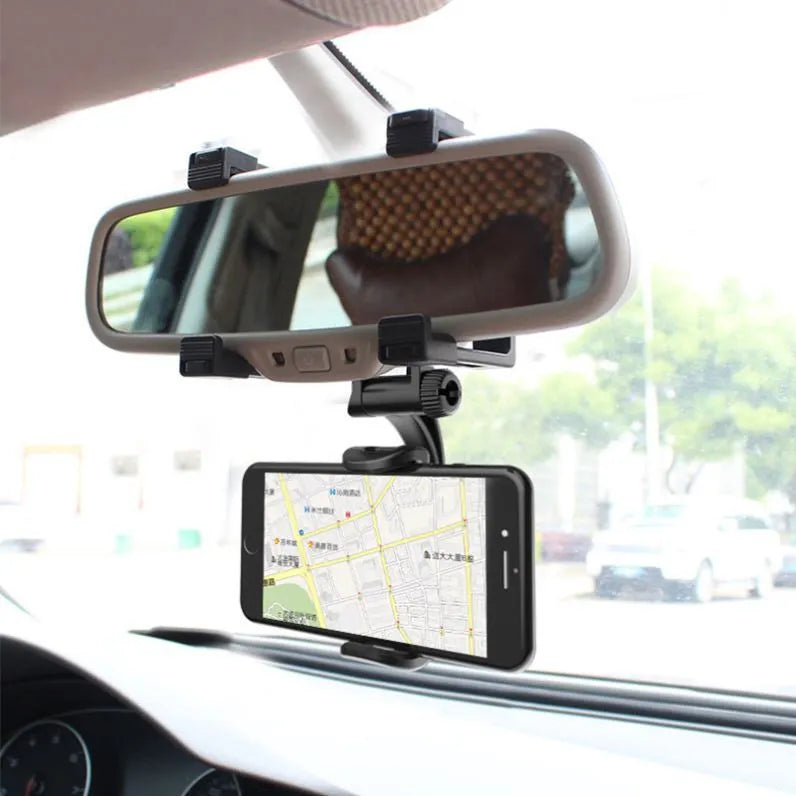 Black car rearview mirror phone holder V68200 with buckle-type fixing attached to a car mirror