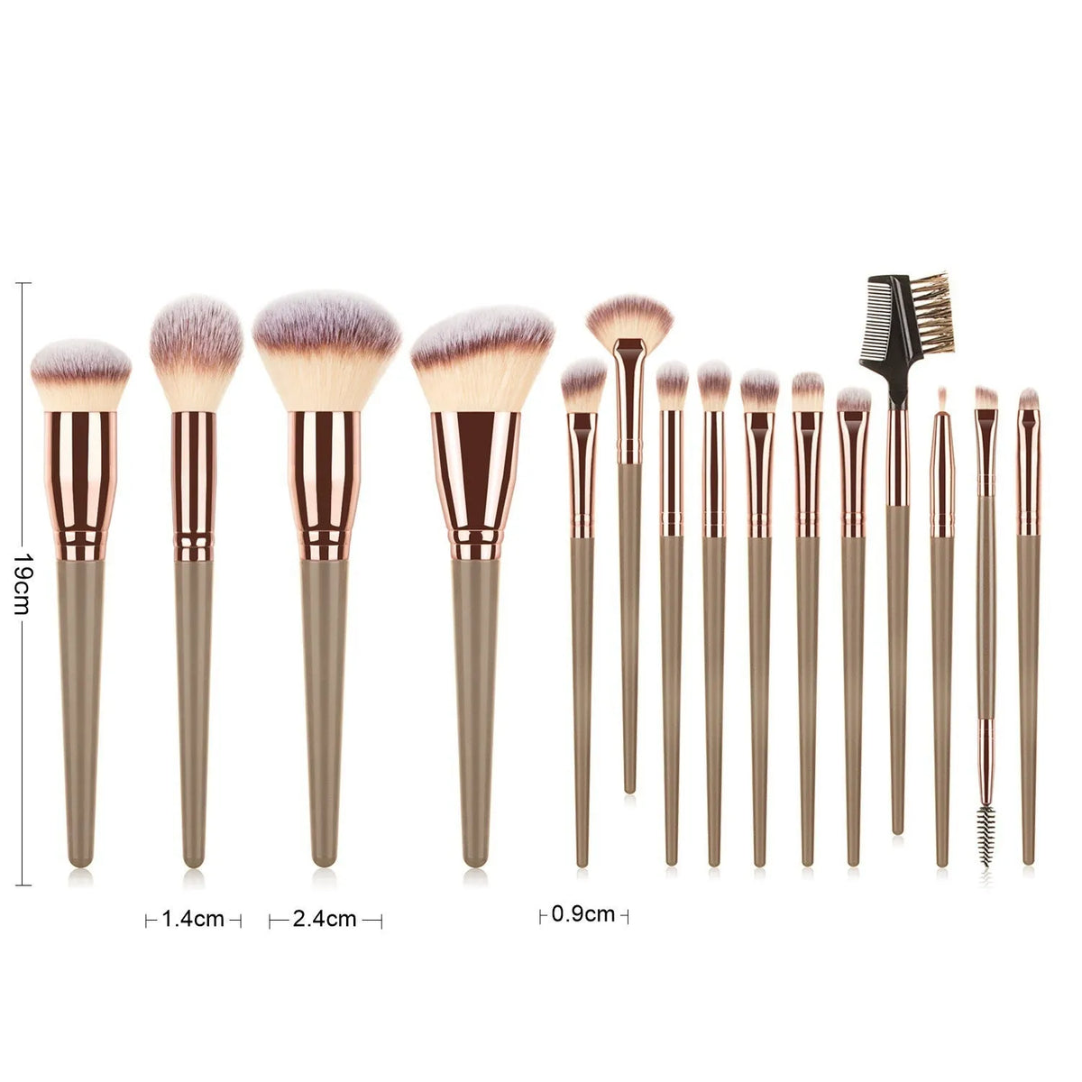 15-piece makeup brush set with eye shadow brush, man-made fibre bristles, plastic handles, 19cm length, brown or black