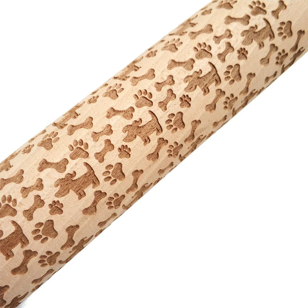 Personalized Christmas rolling pin with a variety of embossed holiday designs, including snowflakes, reindeer, and Merry Christmas patterns