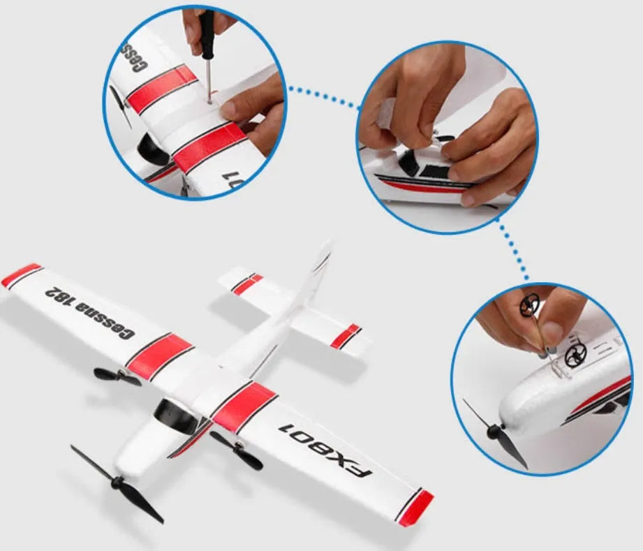 DIY Cessna 182 remote control glider in white and blue EPP foam with landing gear and remote control