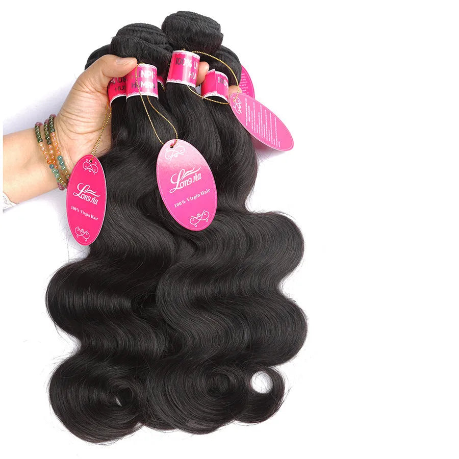 Real human hair wig weave in black with long bangs, 8 to 26 inch lengths, for women