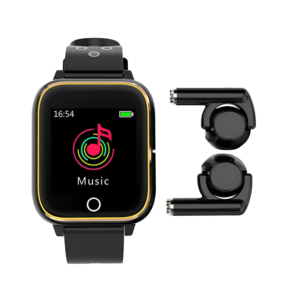 Black smart watch bracelet with integrated Bluetooth earbuds stored in charging cabinet