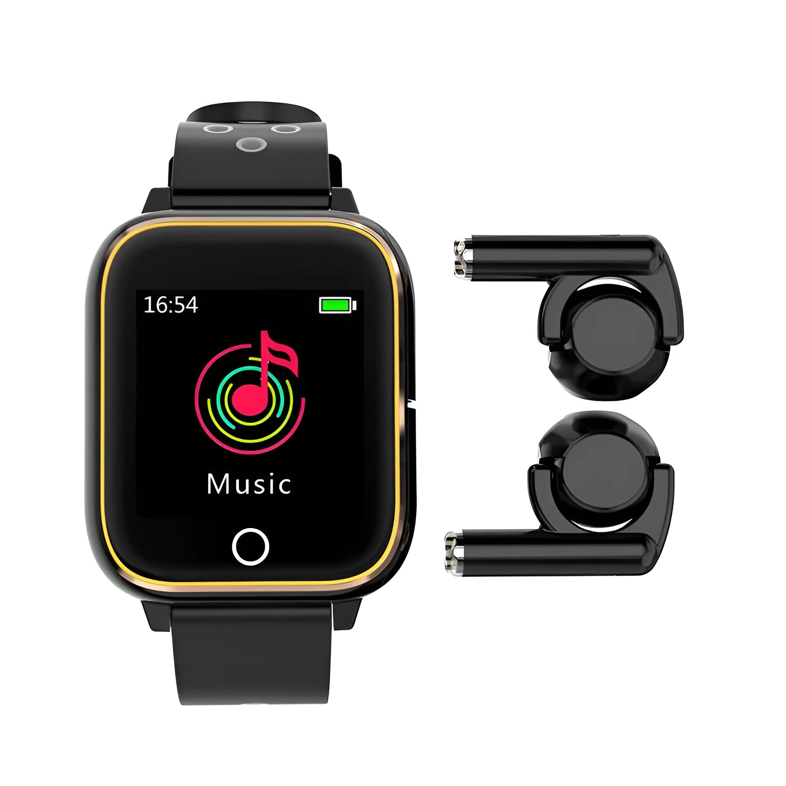 Black smart watch bracelet with integrated Bluetooth earbuds stored in charging cabinet