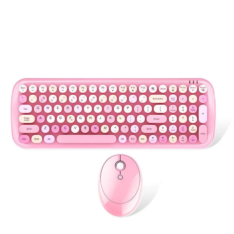 Wireless keyboard and mouse set in lipstick pink colour with USB receiver, multimedia keys, and 1600DPI optical mouse