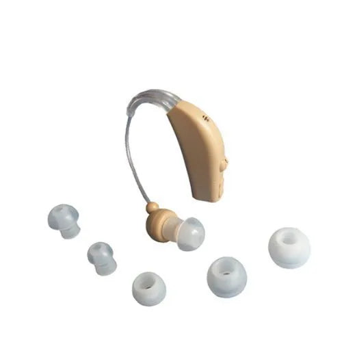 Compact white rechargeable behind-the-ear digital hearing amplifier device with plastic housing.